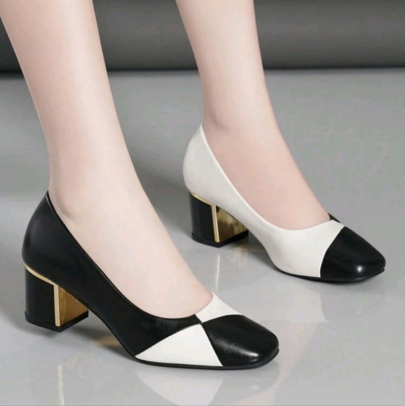 Women Comfortable High Heel Shoes, Red White Color Block Pointed Toe Chunky Heel - Picture 2 of 6